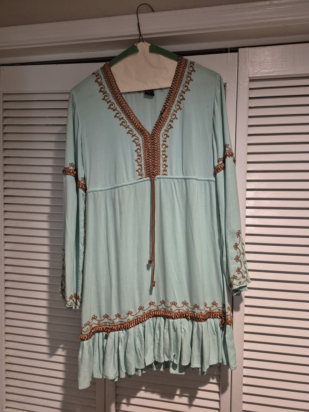 Moda International Light Aqua Long Sleeve Embroidered Tunic Dress